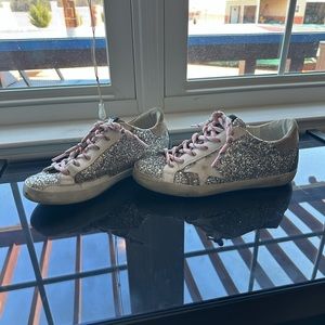 Golden Goose Silver Glitter Sneakers with Pink Laces 38